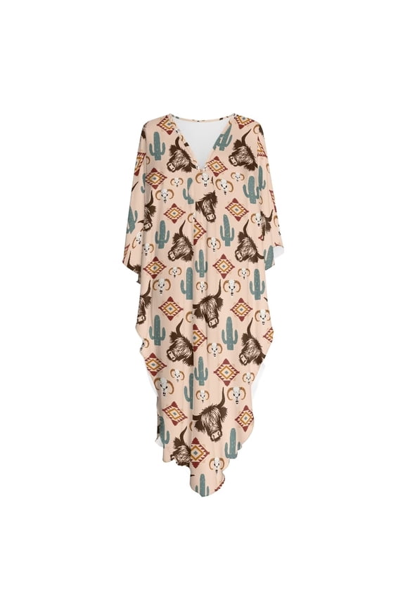 Aztec Highland Cattle Deer Cactus Pattern Kaftan Dresses for Women High-Slit Swimsuit Coverup 2026 Plus Size Beach Caftan Loungewear Mumu for House Mrs Ropper