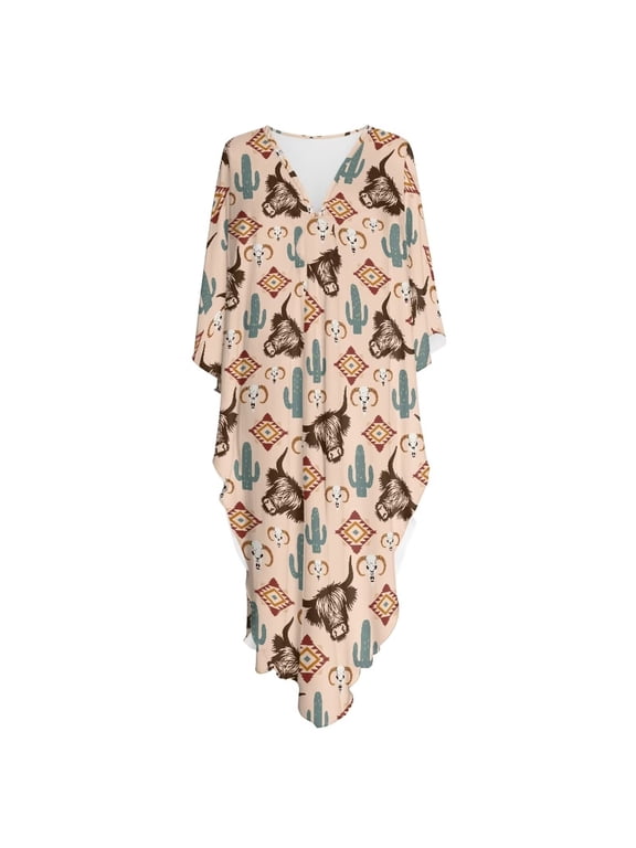 Aztec Highland Cattle Deer Cactus Pattern Kaftan Dresses for Women High-Slit Swimsuit Coverup 2026 Plus Size Beach Caftan Loungewear Mumu for House Mrs Ropper