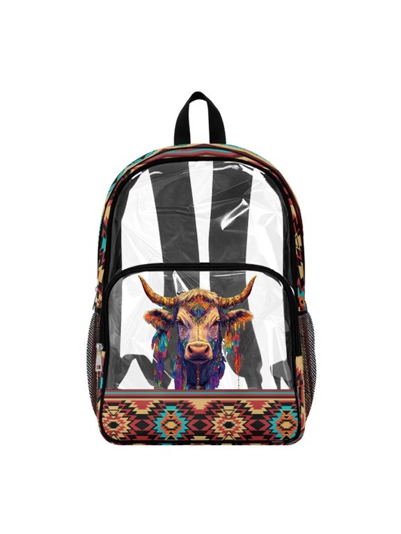 Aztec Highland Cattle Print 17" Kids Backpack Lightweight Clear Backpack PVC Schoolbag for Boys, Large Capacity Bookbag Transparent Travel Daypack with Adjustable Straps for Middle School