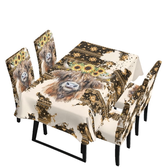 Xoenoiee Aztec Highland Cattle Sunflower Print 5Pcs/Set Christmas Tablecloth Chair Cover Set Oil-Proof Removable Protector Washable Slipcovers for Dining Table & High Chairs (Tablecloth 140x210cm)
