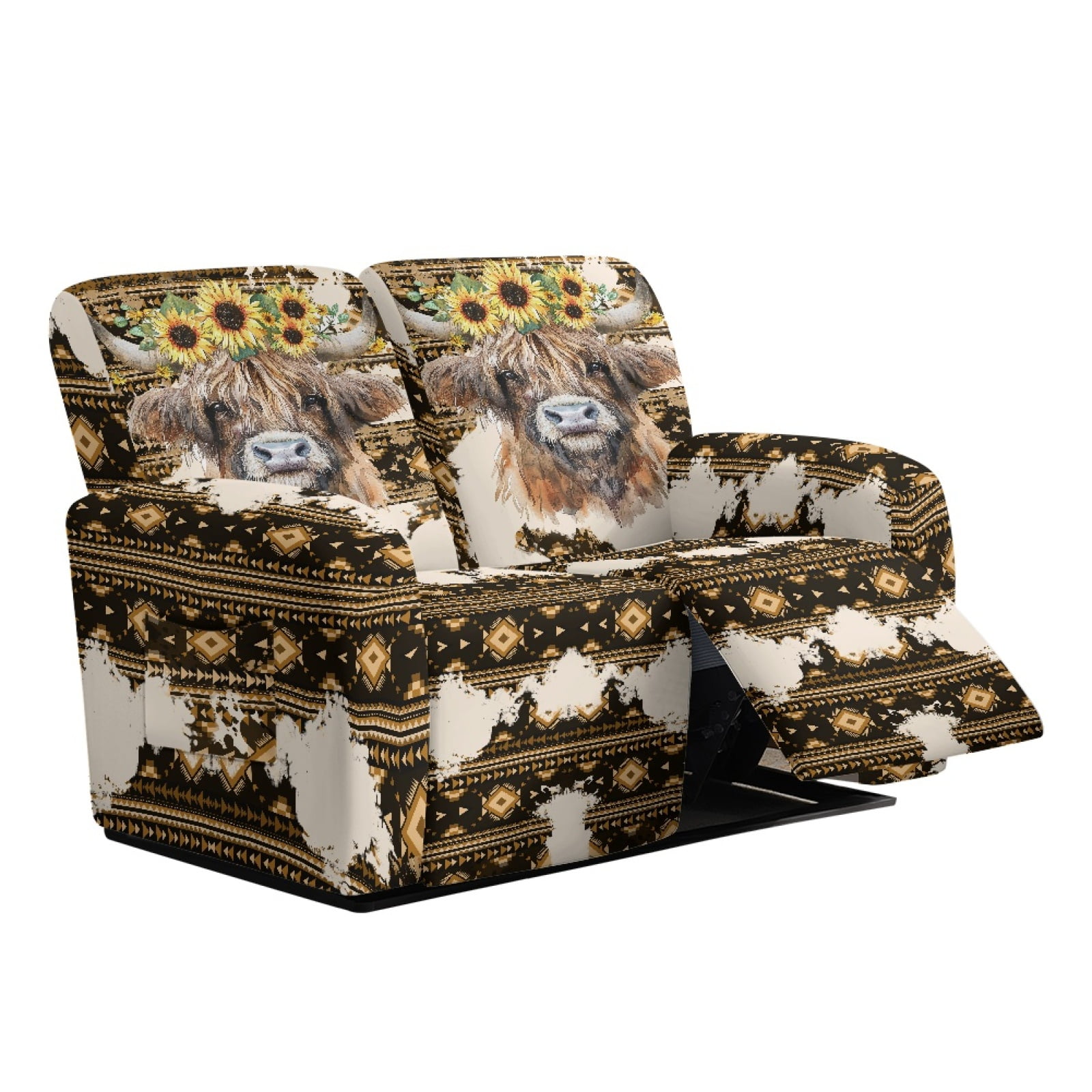 Xoenoiee Aztec Highland Cattle Sunflower Print Recliner Loveseat Covers, Stretch Reclining Sofa Covers, 2 Seater Couch Cushion Jacquard Recliner Slipcovers Furniture Protector Covers for Pet Kid