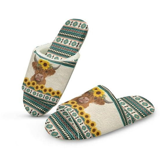 Xoenoiee Aztec Highland Cattle Sunflower Print Women Men Cotton Open Toe House Flat Slippers,Male Breathable Summer Indoor Slides, Memory Foam Anti Slip Sole, 9-10 Women/8-9 Men