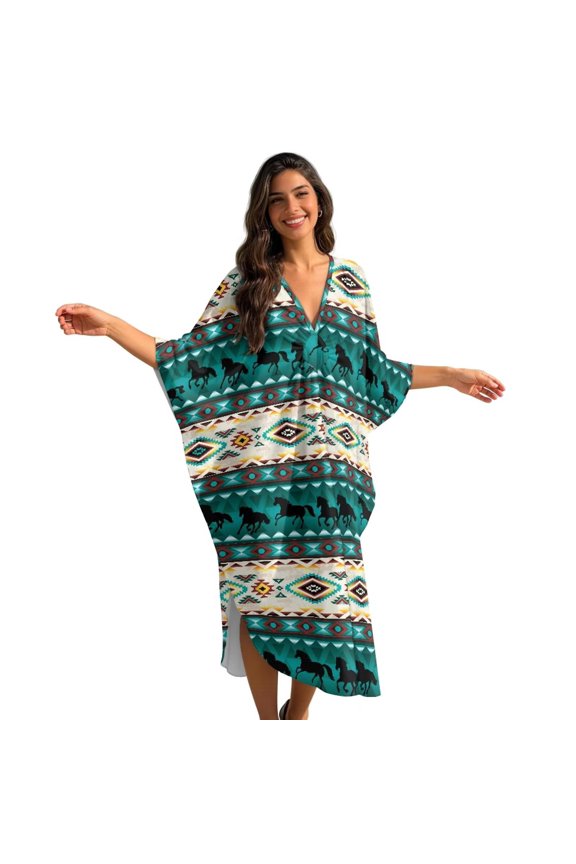 Aztec Horse American Tribal Pattern Kaftan Dresses for Women V-Neck Moo Moos Caftan Plus Size Batwing Sleeve Beach Cover Up Summer Maxi Dresses Resort Wear