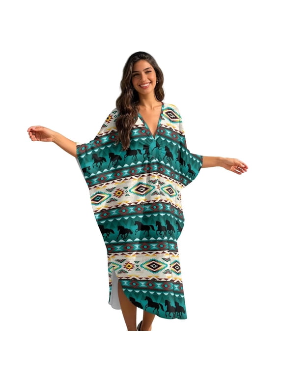 Aztec Horse American Tribal Pattern Kaftan Dresses for Women V-Neck Moo Moos Caftan Plus Size Batwing Sleeve Beach Cover Up Summer Maxi Dresses Resort Wear