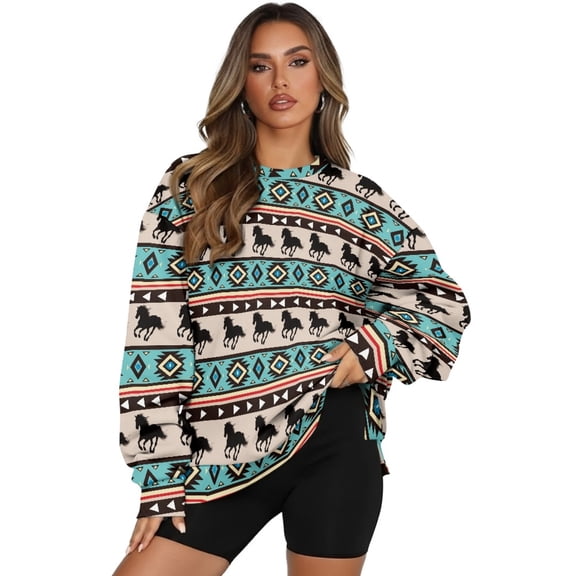 Xoenoiee Aztec Horse American Tribal Print Oversized Sweatshirts for Women Crewneck Sweaters Pullover Comfy Hoodies Fall Outfits Fashion 2025 Winter Clothes, Size 3XL