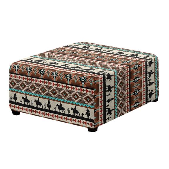 Xoenoiee Aztec Horse Cactus American Tribal Print Square Ottoman Cover Stretch Polyester Washable Ottoman Slipcovers Elastic Foot Stool Foot Rest Protector for Living Room Bedroom, L