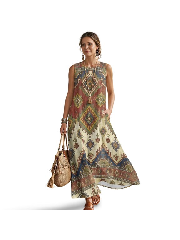 Aztec Southwest American Tribal Floral Print Cotton Linen Maxi Dresses for Women Casual Crewneck Sleeveless Tank Dress with Pocekts Summer Spring Boho Vacation Clothes Long Dress, S