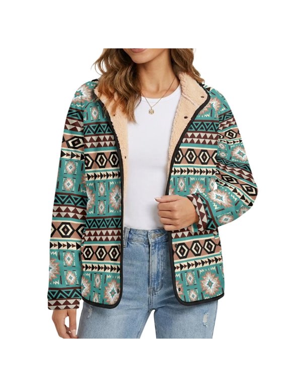 Aztec Southwest American Tribal Geometric Print Women's Fleece Jacket Button Down Coat with Pockets Oversized Warm Sweatshirt Outerwear Stand Collar Hiking Travel Clothes, 5XL