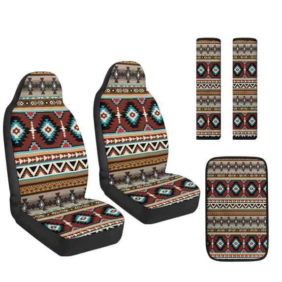 Xoenoiee Aztec Southwest American Tribal Pattern Car Accessories Set of 5, PU Leather Front Seat Covers, Seatbelt Covers and Center Console Armrest Cover, Universal Fit for Most Vehicles