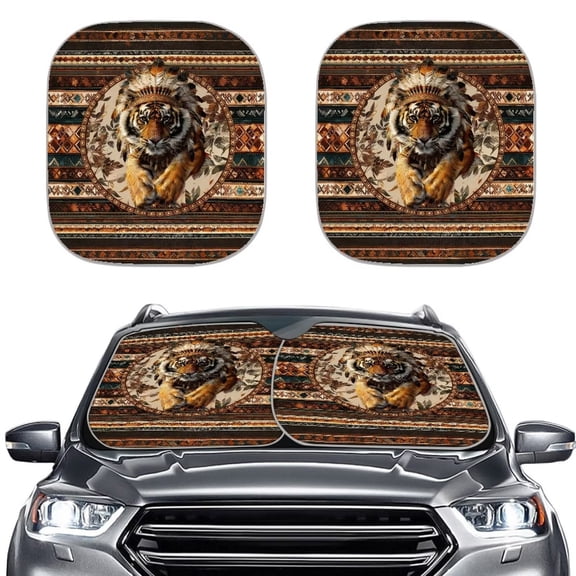 Xoenoiee Aztec Tiger Feather American Tribal Print 2 PCS Front Window Sun Visor Automotive Windshield Sunshade Summer Outdoor Car Window Shade for Sedans Van SUV Truck Foldable Car Sun Shield Cover
