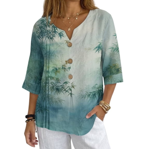 Xoenoiee Bamboo Leaves Ink Painting Print Womens 3/4 Length Sleeve Tops Casual V Neck Boho Summer Dressy Blouses Button Down Shirts 2026 Spring Fall Outfits, Size XL