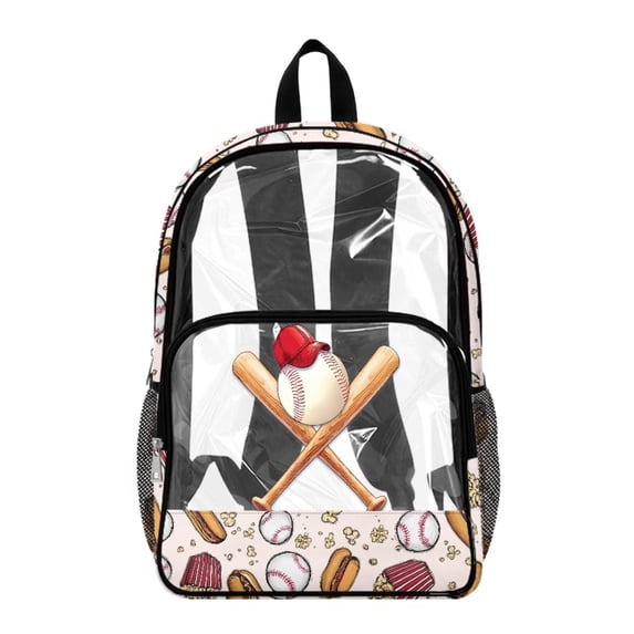 Xoenoiee Baseball Bat Hat Print Clear Backpack for Middle School Teens 17" Heavy Duty Waterproof PVC See Through Transparent Bookbag, Large Capacity School Bag with Adjustable Straps for Boys