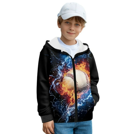 Xoenoiee Baseball Fire Water Lightning Print Hoodies for Teen Boys Trendy Zip Up Hooded Sweatshirt with Pocket Youth Kids Casual Trendy Hoodies Fall Spring Tops Sports Shirt, M