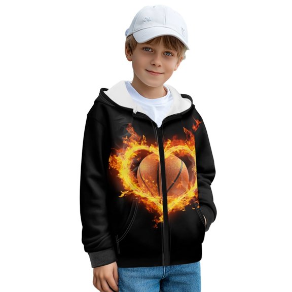 Xoenoiee Basketball Fire Heart Print Fleece Full Zip Hoodies for Kids Boys Activewear Autumn Winter Long Sleeve Hooded Sweatshirt Lightweight Hooded Jacket Sports Shirt with Pocket, M