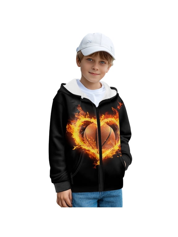 Basketball Fire Heart Print Fleece Full Zip Hoodies for Kids Boys Activewear Autumn Winter Long Sleeve Hooded Sweatshirt Lightweight Hooded Jacket Sports Shirt with Pocket, M