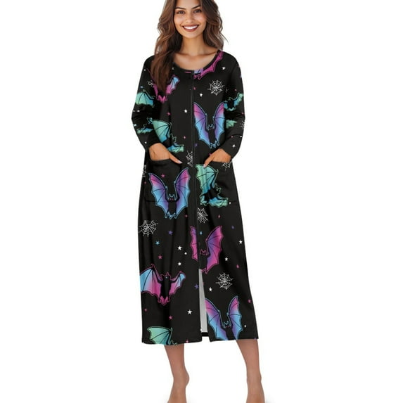 Xoenoiee Bat Star Spider Web Print Women's Zip Up Robe Halloween Fleece Bathrobe Long Zipper Lounger Warm Housecoat Full Length Nightgown with Pockets, Size M
