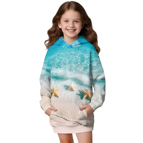 Xoenoiee Beach Starfish Print Girls Fleece Pullover Long Hoodies Sweatshirt Casual Outwear Coat with Pockets, Oversized Hoodies Dress for Teen Girls Long Sleeve Pullover Tops, 13-14 Years