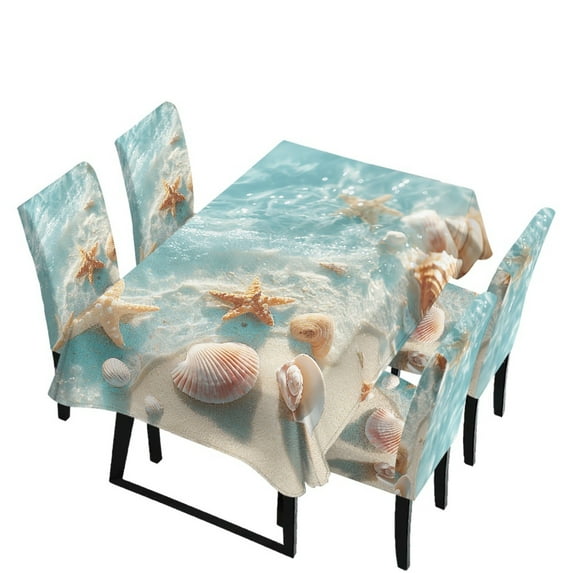 Xoenoiee Beach Starfish Seashell Conch Pattern Tablecloth Chair Cover Set, Washable Table Cloth with Parsons Chair Slipcovers Protective Set of 4 for Home Restaurant Banquet (5 PCS)