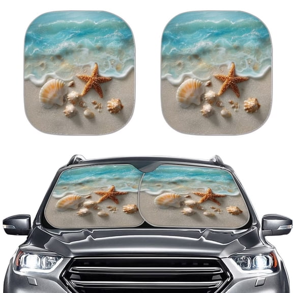 Xoenoiee Beach Starfish Seashell Conch Print 2 Piece Car Windshield Sun Shade Foldable Front Windshield Shade for Sun, Heat and UV Rays, Sunshade for Car Front Window and Interior Sun Protection