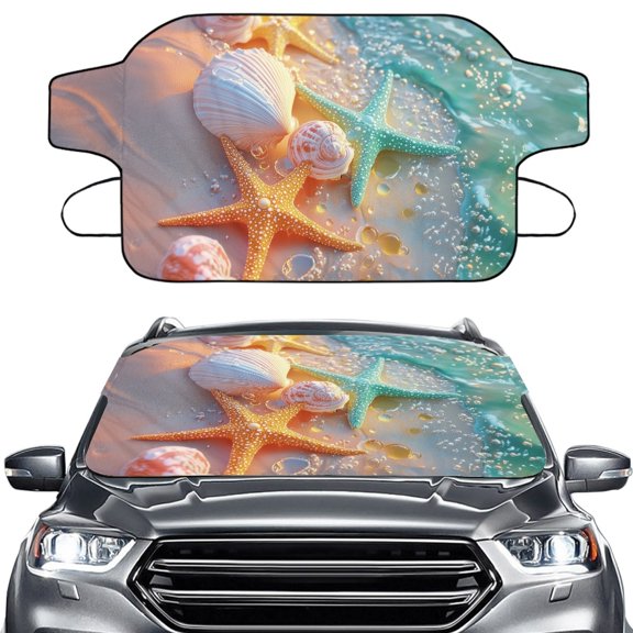 Xoenoiee Beach Starfish Seashell Conch Print Car Windshield Snow Cover, Anti Ice Frost Windshield Protector, Windproof Front Window Cover, Winter Car Accessories for Cars, Trucks, SUVs