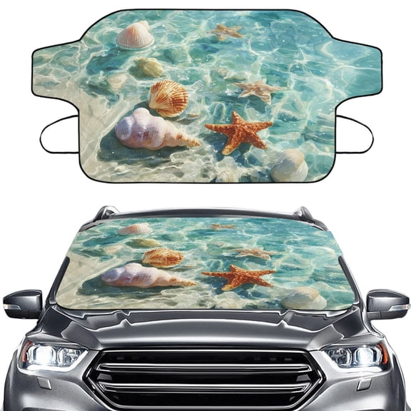 Xoenoiee Beach Starfish Seashell Conch Print Car Windshield Snow Cover, Waterproof Windproof Protection, Snow, Ice, Sun, Frost Defense, Universal for SUV, Truck, Sedan, Van