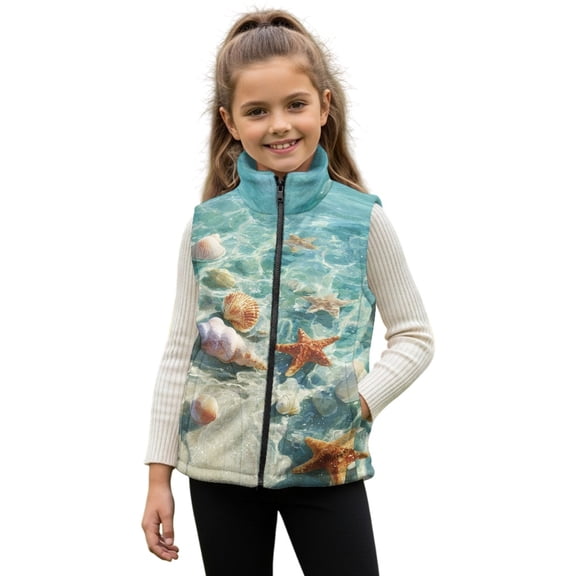 Xoenoiee Beach Starfish Seashell Conch Print Girls Lightweight Fleece Vest, Full Zip Sleeveless Jacket Outerwear Spring Fall Winter Outfits with Pockets for Running Hiking, 7-8 Years