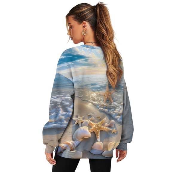 Xoenoiee Beach Starfish Seashell Conch Print Women Oversized Long Sleeve Shirt Crewneck Pullover Tops Drop Shoulder Y2K Preppy Sweatshirt Fall Clothes, Size S