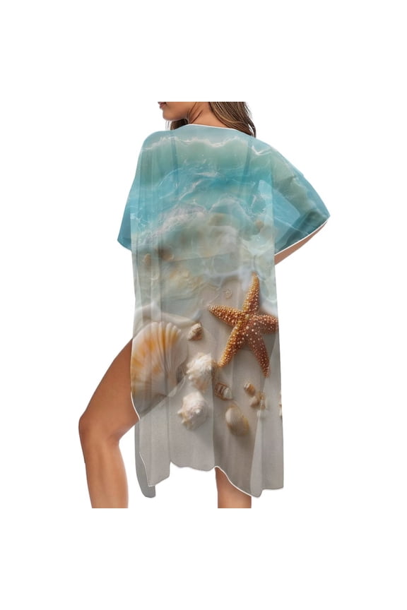 Beach Starfish Seashell Conch Print Women's Short Sleeve Kimono Cardigan Loose Cover Up Casual Blouse Tops Open Front Swimwear Beachwear for Women