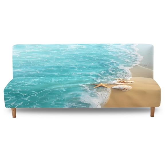 Xoenoiee Beach Starfish Seashell Pattern Futon Cover Jacquard High Stretch Armless Sofa Bed Slipcover Anti-Slip Furniture Protector with Elastic Bottom for Living Room