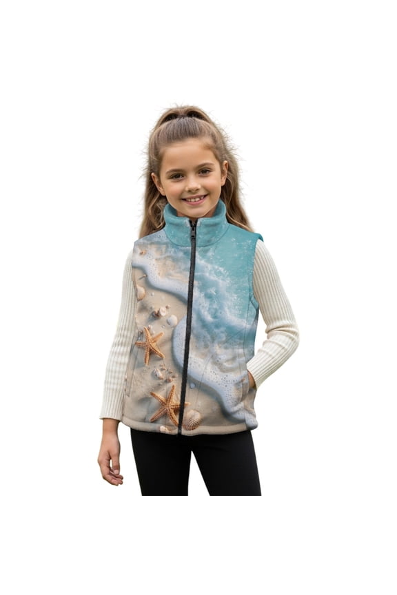 Beach Starfish Seashell Print Full Zip Vest for Toddler Girls Sleeveless Winter Jacket Stand Collar Thick Warm Coat Outerwear Plus Size, 2T