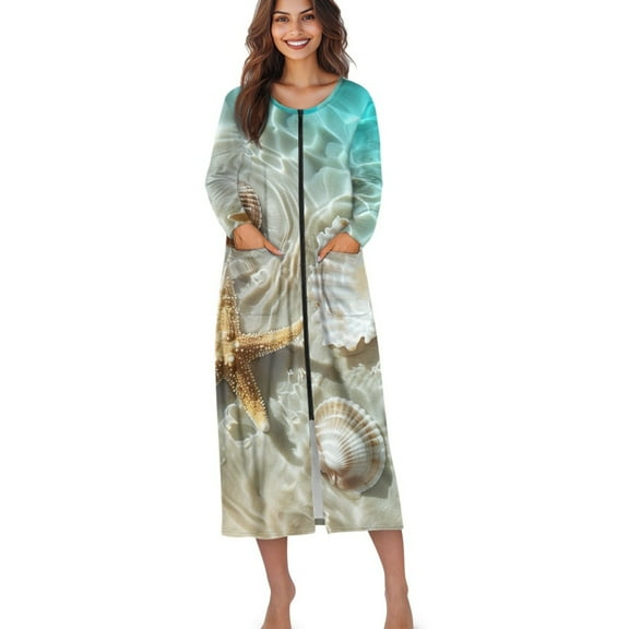 Xoenoiee Beach Starfish Seashell Print Women's Long House Dress Zipper Loungewear Long Sleeve Zip Up Robes Full Length Sleepwear Nightgown with Pockets, M