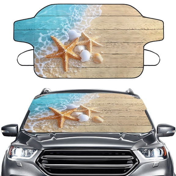 Xoenoiee Beach Starfish Seashell Wood Print Car Rear Windshield Cover, Auto Rear Windscreen Snow Ice Cover, All-Weather Ice Frost Snow Protector, Automotive Winter Accessories for Most Vehicles