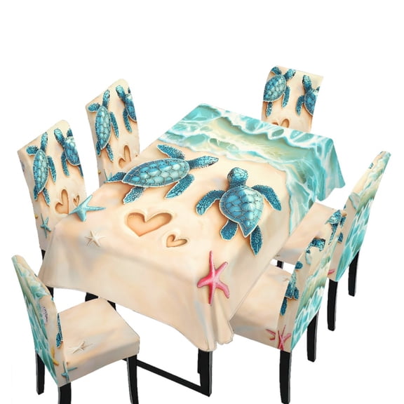 Xoenoiee Beach Turtle Starfish Heart Print 1 Tablecloth and 6 Chair Covers Set Removable Slipcovers Stain-Resistant Furniture Covers for Wedding Banquet Party Decoration