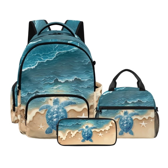 Xoenoiee Beach Turtle Starfish Print 3 Piece Kids Backpack Elementary Preschool School Bag with Lunch Box Pencil Case Set for Boys Girls Bookbag Large Capacity Travel Bagpack Daypack Rucksack