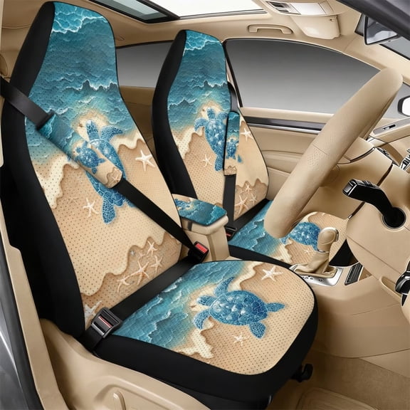 Xoenoiee Beach Turtle Starfish Print 5-Piece PU Leather Car Seat Covers Set with Seat Belt Pads & Center Console Cover, Universal Fit for SUV, Truck, Sedan, Van