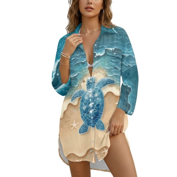 Xoenoiee Beach Turtle Starfish Print Swimsuit Coverup for Women Casual V Neck Bathing Suit Cover Ups Button Down Beach Bikini Swimwear Cover up Dress Shirt, 3XL