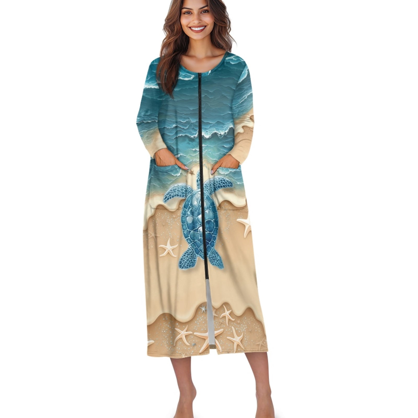 Beach Net Robe Xoenoiee Beach Turtle Starfish Print Zip Up Robes for Women Long ...