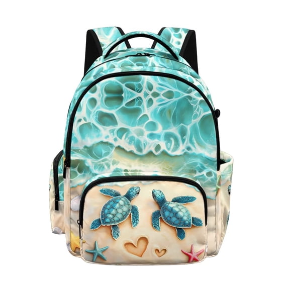 Xoenoiee Beach Turtle Starfish Seashell Heart Print 17 Inch Backpack for Girls Teens, Lightweight Large Capacity Bookbag School Bag Rucksack for Kindergarten Primary Middle School Students