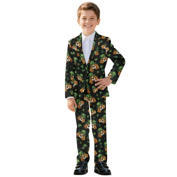 Xoenoiee Beagle Dog Hat Shamrock Print Boys Suit for Kids Tuxedo Wedding Ring Bearer Outfit, St. Patrick's Day 2 Pieces Boy Slim Fit Formal Suits with Elastic Band, Size 7-8 Years
