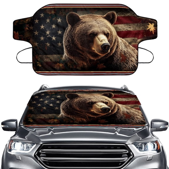 Xoenoiee Bear American Flag Print Windshield Cover for Ice & Snow, Auto Windshield Frost Cover Fit Snow, Ice, Frost, Winter Accessories Fit for Large SUVs, MPV