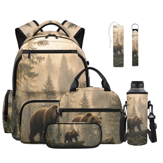 Xoenoiee Bear Forest Tree Print Backpack with Lunch Box Pencil Case Water Bottle Sleeve Bookmark Keychain Set Elementary Preschool School Bookbag 6-in-1 Student Satchel Travel Daypack for Boys