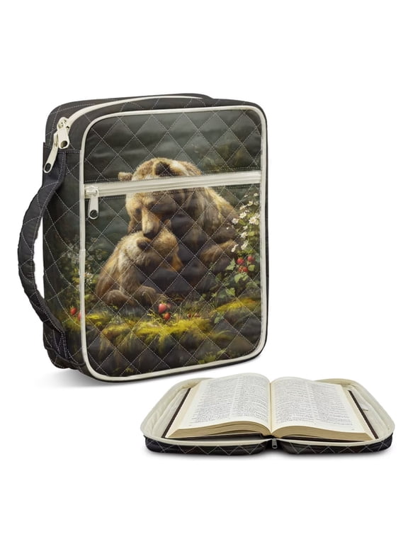 Bear Strawberry Leaves Pattern Bible Covers for Women Men with Handle and Zipper Pocket, Quilted Fabric Bible Case Fits Large Study Bibles Prayer Journal Organizer Christian Gift