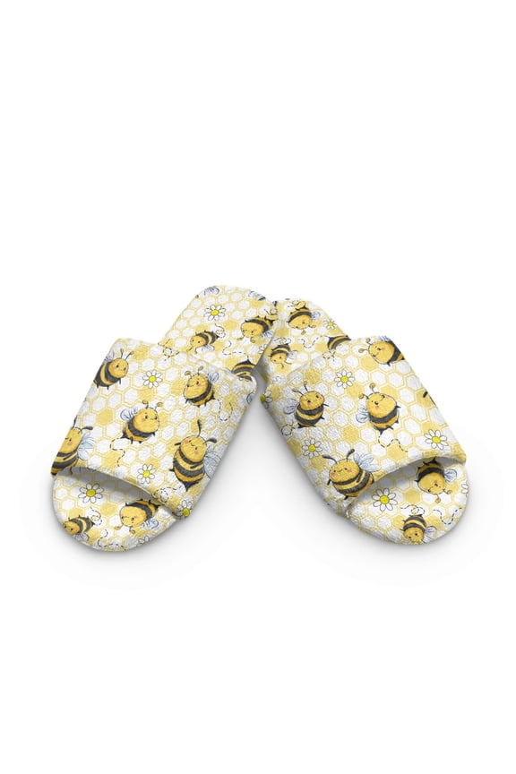 Bee Daisy Honeycomb Print Cotton House Slippers for Women Men, Soft Open Toe Indoor Slippers Non Slip Washable Comfortable Shoes for Hotel Travel Bedroom, 6-7 Women/ 5-6 Men