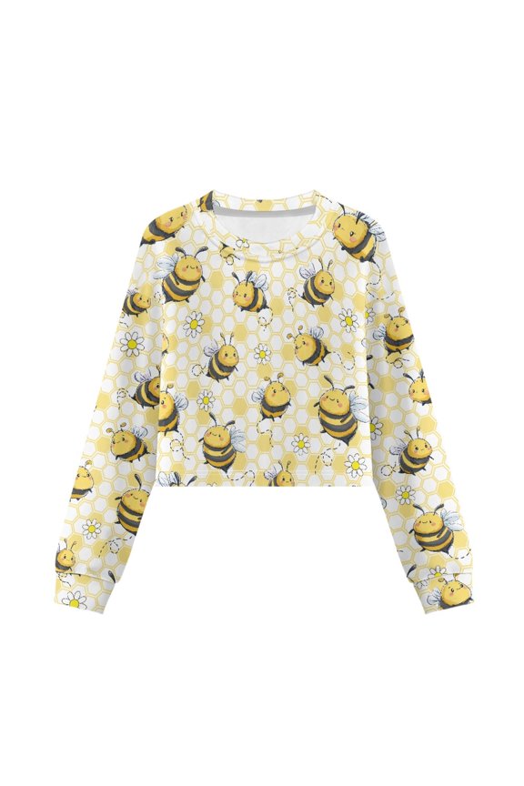 Bee Daisy Honeycomb Print Girls Cropped Sweatshirt Kids Long Sleeve Pullover Tops Fall Fashion Clothes, 11-12 Years