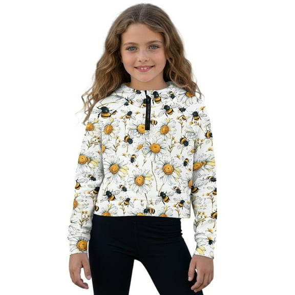 Xoenoiee Bee Daisy Print Girls Half Zip Sweatshirt Long Sleeve Hoodies Tops Drop Shoulder Pullover Jacket with Pocket, Size 13-14 Years