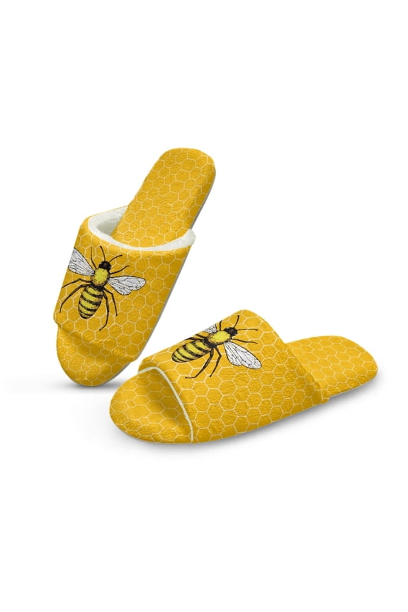 Bee Honeycomb Print Fuzzy Slippers for Women Men Breathable Open Toe Slippers Warm Winter Home Slippers Novelty House Shoes, 9-10 Women/8-9 Men