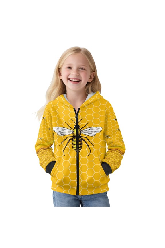 Bee Honeycomb Print Hoodies for Teens Girls Fleece Full Zip Sweatshirt Long Sleeve Sweater with Kangaroo Pocket Casual Sports Shirt Jacket Activewear with Hood for Kids, XL
