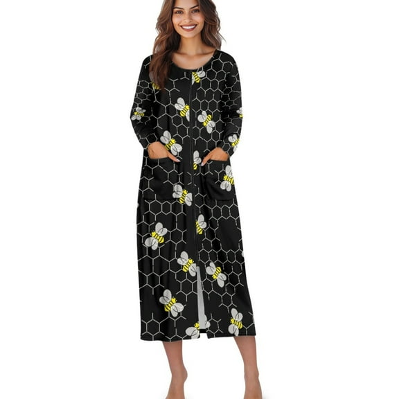Xoenoiee Bee Honeycomb Print Zipper Front Robes for Women House Coat Half Sleeve Loungewear Crew Neck Long Nightgown with 2 Pockets, L
