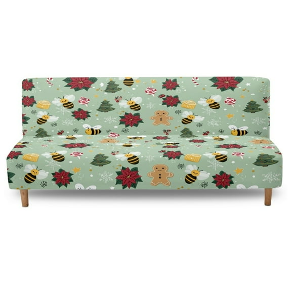 Xixirimido Bee Poinsettia Christmas Theme Green Pattern Armless Futon Cover Futon Slipcover Couch Cover Futon Sofa Bed Cover Furniture Protector with Elastic Bottom Machine Washable