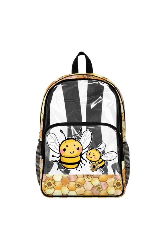 Bee Sunflower Honeycomb Print Clear Backpack for Kids Girls Large Capacity Casual Daypack with Adjustable Padded Strap Heavy Duty Rucksack Transparent Bookbag Back to School Gifts for Teens